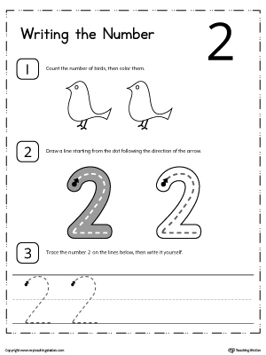 Learn how to count and write number 2 with these printable activity worksheets for preschool and kindergarten.