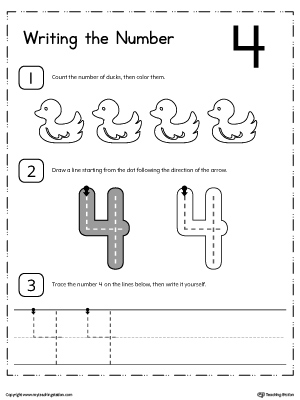 Learn how to count and write number 4 with these printable activity worksheets for preschool and kindergarten.