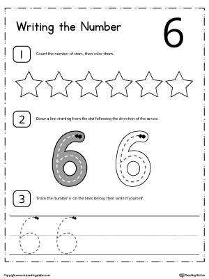 Learn how to count and write number 6 with these printable activity worksheets for preschool and kindergarten.