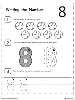 Learn how to count and write number 8 with these printable activity worksheets for preschool and kindergarten.