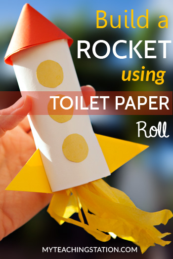 Make a rocket with a toilet paper roll and colored paper.  This rocket may not get launched into outer space but this art project will sure be a hit with the kids.