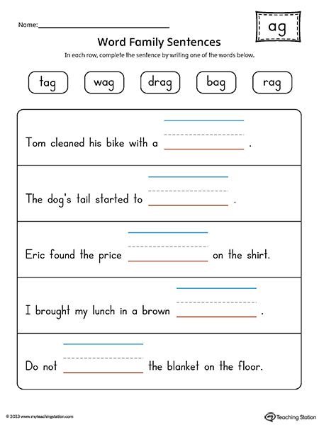 AG Word Family Sentences Printable PDF