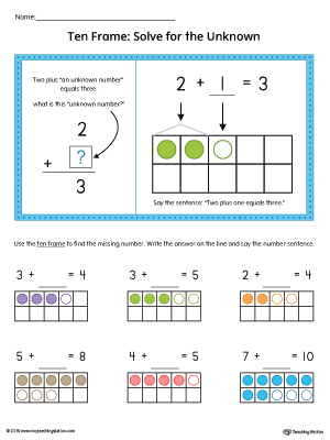 Solve basic math sentences (equations) using a ten-frame to help count in this printable worksheet.