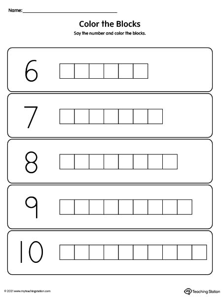 Preschool coloring number blocks 6 through 10 printable worksheet.