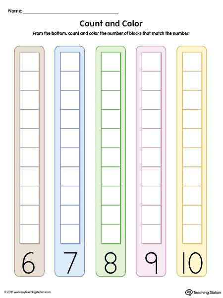 Count numbers 6-10 and color the blocks in this pre-k printable worksheet. Available in color.