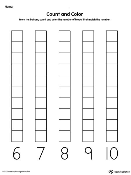 Count numbers 6-10 and color the blocks in this pre-k printable worksheet.