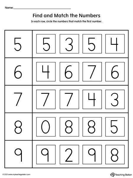 Kids will match the numbers to practice number recognition in this printable PDF worksheet.