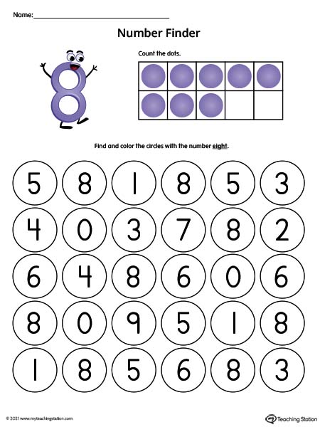 Search and find number eight printable worksheet. Available in color.