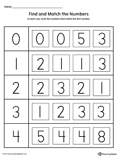 Practice number recognition by searching the numbers that match in this preschool printable worksheet.