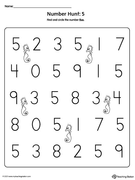 Beginner number recognition search and find worksheet. Featuring number 5.