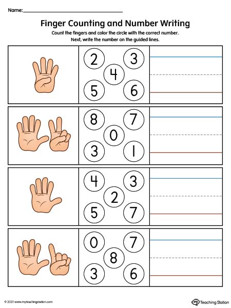 Finger counting numbers 1-10 worksheet for kindergarteners. Available in color.