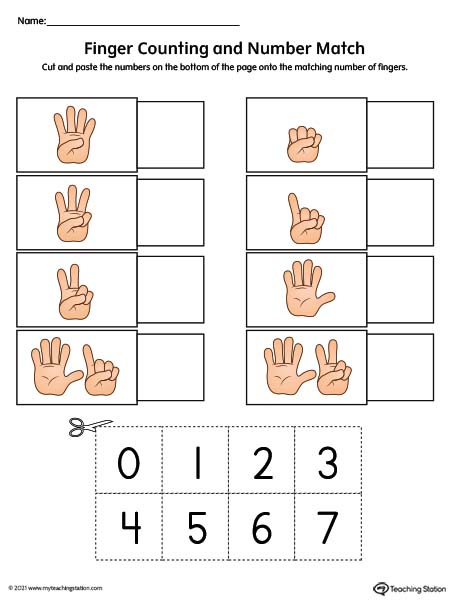 Finger counting number match printable worksheet for preschool. Kids cut and paste the correct number by counting the fingers in each hand picture. Available in color.