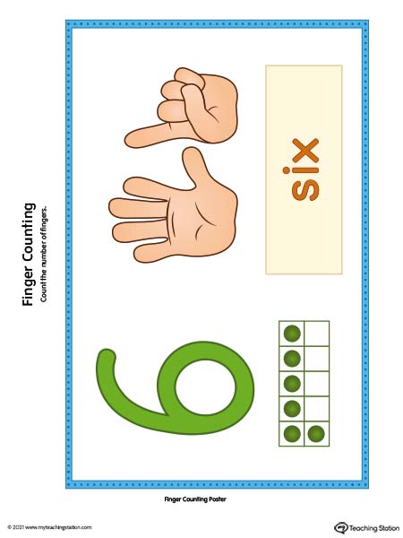 Finger counting number poster cards printable. Numbers 1 through 10 printable posters. Featured number 6. Available in color.
