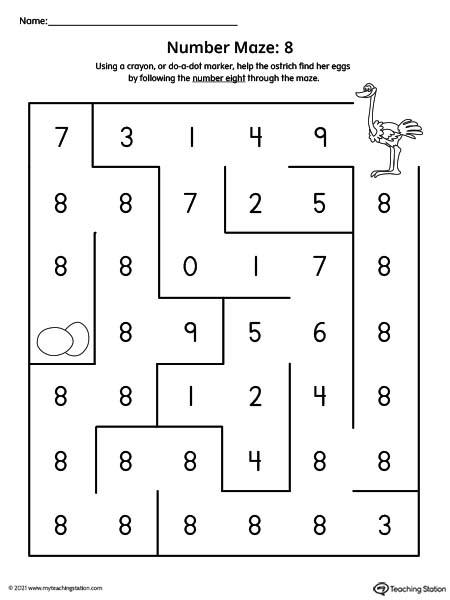 Number eight maze printable activity for preschool kids.