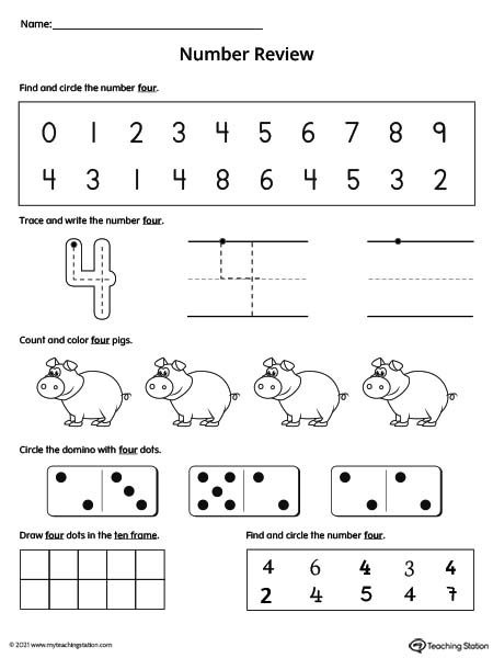 Practice number formation, tracing, counting, ten-frame number recognition, and number variation in this action-packed number 4 review worksheet.