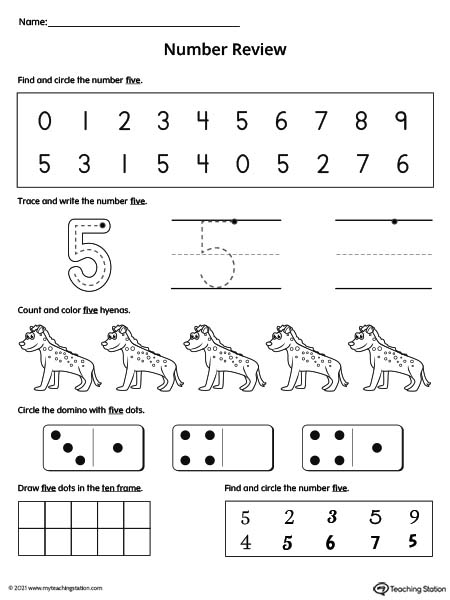 Practice number formation, tracing, counting, ten-frame number recognition, and number variation in this action-packed number 5 review worksheet.