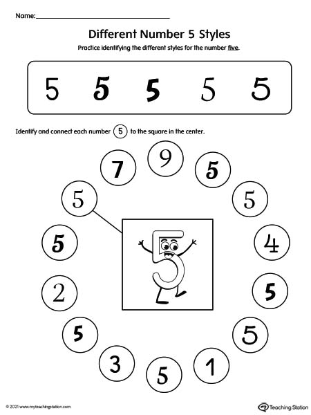 Help kids identity possible styles of the number five by understanding how numbers can have different variations.