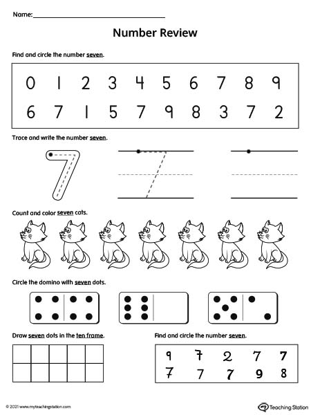 Practice number formation, tracing, counting, ten-frame number recognition, and number variation in this action-packed number 7 review worksheet.