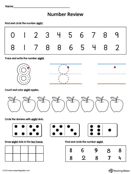 Practice number formation, tracing, counting, ten-frame number recognition, and number variation in this action-packed number 8 review worksheet. Available in color.