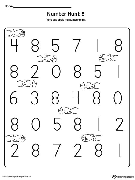 Number hunt preschool printable activity. Featuring number eight recognition worksheet.