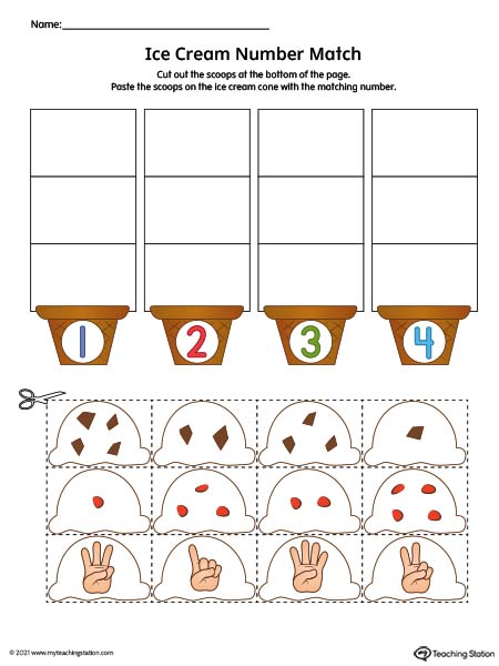 Practice identifying numbers 1 through 4 with this fun cut-and-paste printable worksheet for preschoolers. Featuring different pictures of ice cream scoops. Available in color.