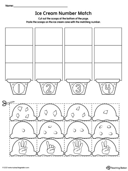 Practice identifying numbers 1 through 4 with this fun cut-and-paste printable worksheet for preschoolers. Featuring different pictures of ice cream scoops.