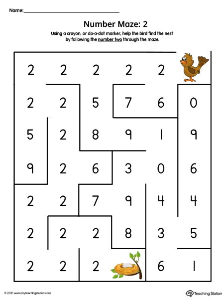Pre-K number maze worksheet for kids. Number mazes are a great activity for kids to practice number recognition and critical thinking. This printable features the number two. Available in color.