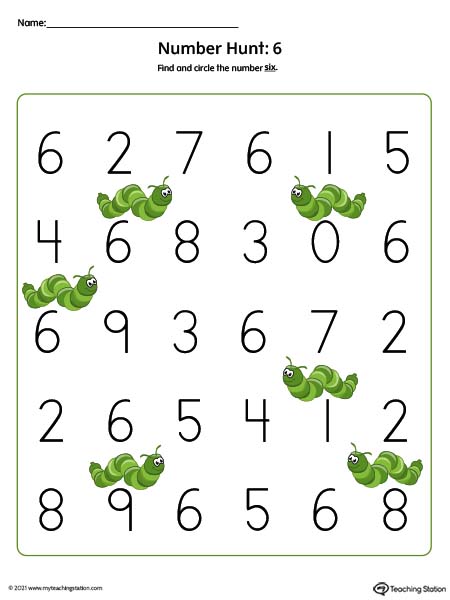 Pre-K number hunt printable actiivty. Featuring number six. Available in color.