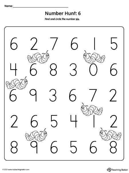 Pre-K number hunt printable actiivty. Featuring number six.