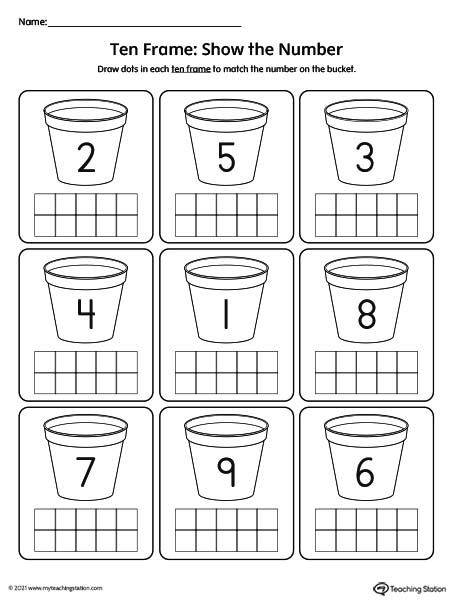 Numbers 1-10 ten frame worksheets for pre-k and kindergarteners.