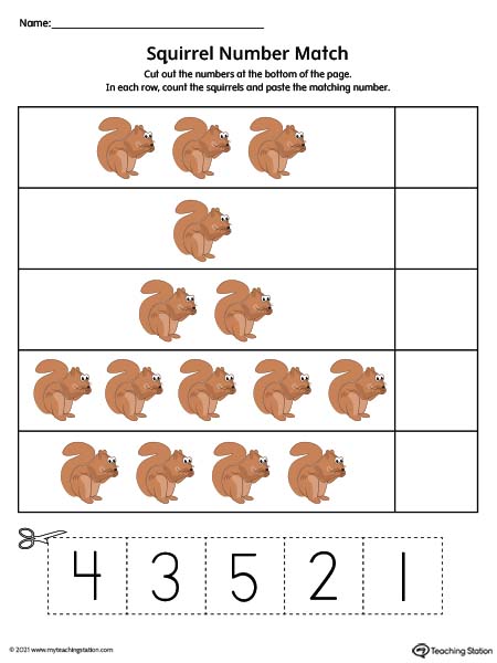 Picture number match cut and paste printable worksheet. Featuring numbers 1-5. Available in color.