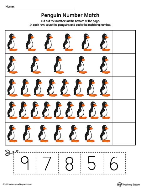 Picture number match cut and paste printable worksheet. Featuring numbers 5-9. Pre-K worksheets. Available in color.