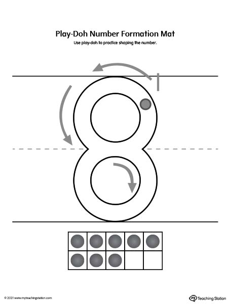 Play-Doh number formation printable mat. Featuring number eight. Preschool and kindergarten teaching resources.