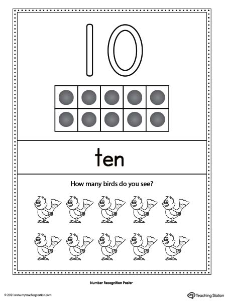 Large number ten poster with ten-frame. Each poster has a different representation for the number, number word, and ten frame illustration.