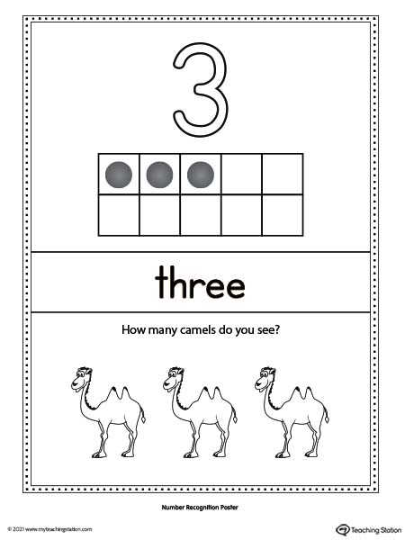 Large number three poster with ten-frame. Each poster has a different representation for the number, number word, and ten frame illustration.