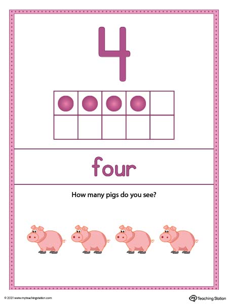 Large number four poster with ten-frame. Each poster has a different representation for the number, number word, and ten frame illustration. Available in color.