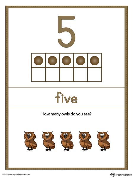 Large number five poster with ten-frame. Each poster has a different representation for the number, number word, and ten frame illustration. Available in color.