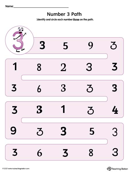 Learn different variations of the number 3 with this printable worksheet. Available in color.