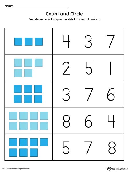 Number counting worksheet. Featuring numbers 1-10. Available in color.
