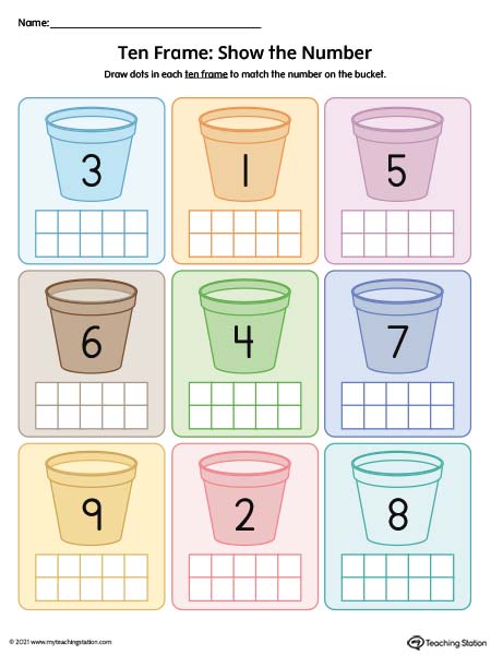Ten frame printable worksheet using numbers 1-10. Preschool and Kindergarten math. Available in color.