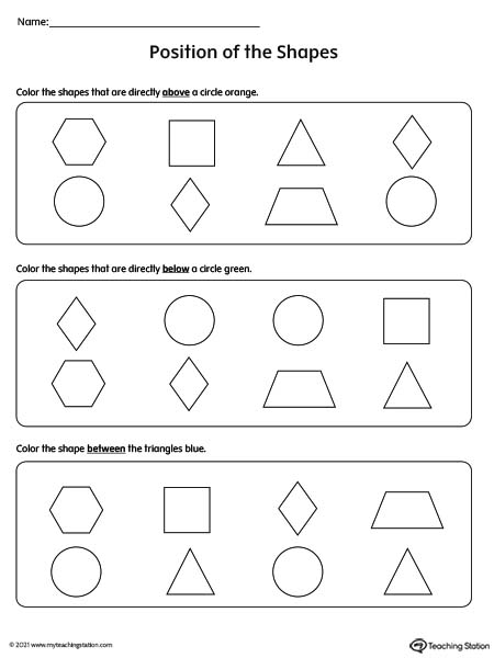 Kindergarten worksheets for words describing positions.