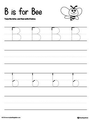 Practice writing uppercase and lowercase alphabet letter B in this printable worksheet.