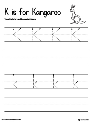 Practice writing uppercase and lowercase alphabet letter K in this printable worksheet.