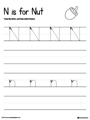Practice writing uppercase and lowercase alphabet letter N in this printable worksheet.