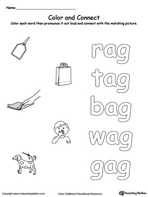 Practice coloring and fine motor skills in this AG Word Family printable worksheet.