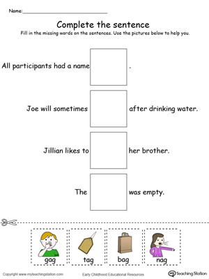 Identify the words and complete the AG Word Family sentence in this printable worksheet in color.