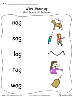 AG Word Family Picture Match in Color. Identifying words ending in  –AG by matching the words with each picture.