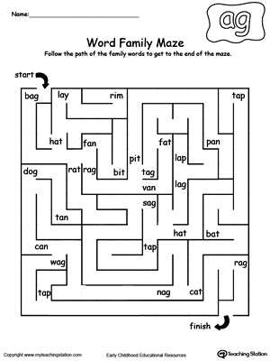 Practice thinking skills and word patterns with this AG Word Family maze printable worksheet.