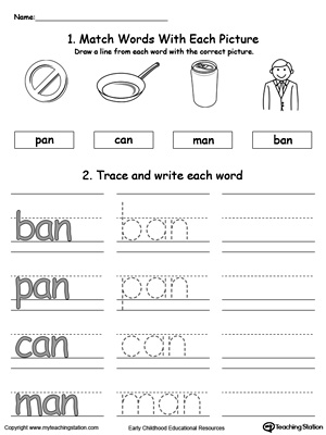 Identify, trace and write words in this AN Word Family printable worksheet.