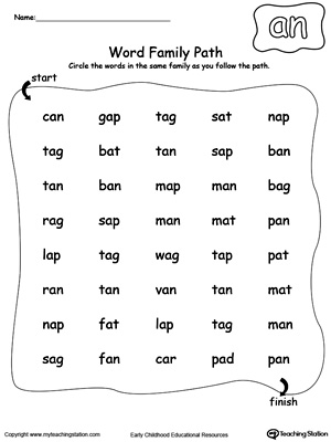 Find and circle words in this AN Word Family path printable worksheet.